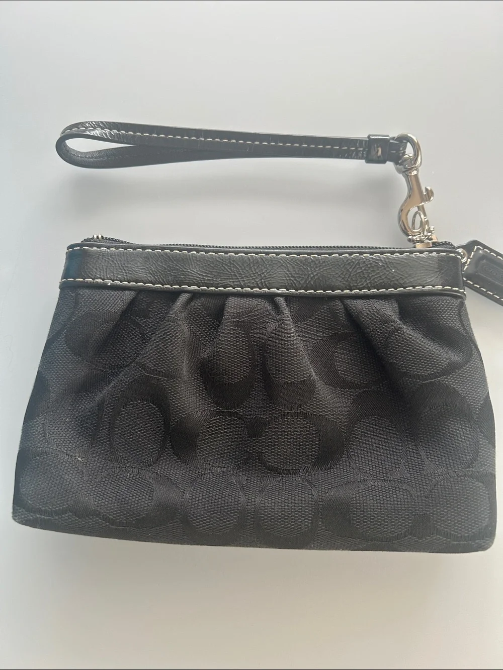 Coach Black Signature Wristlet with Leather Trim